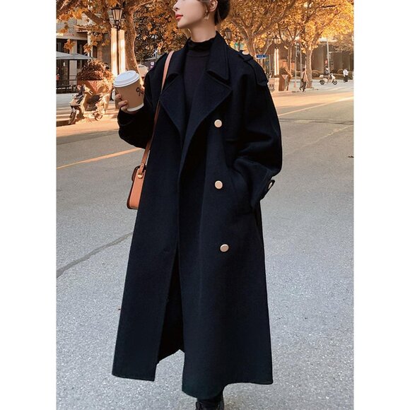 Women's Black Winter Double Breasted Midi Wool Coat Notch Lapel Winter Trench - Picture 5 of 5